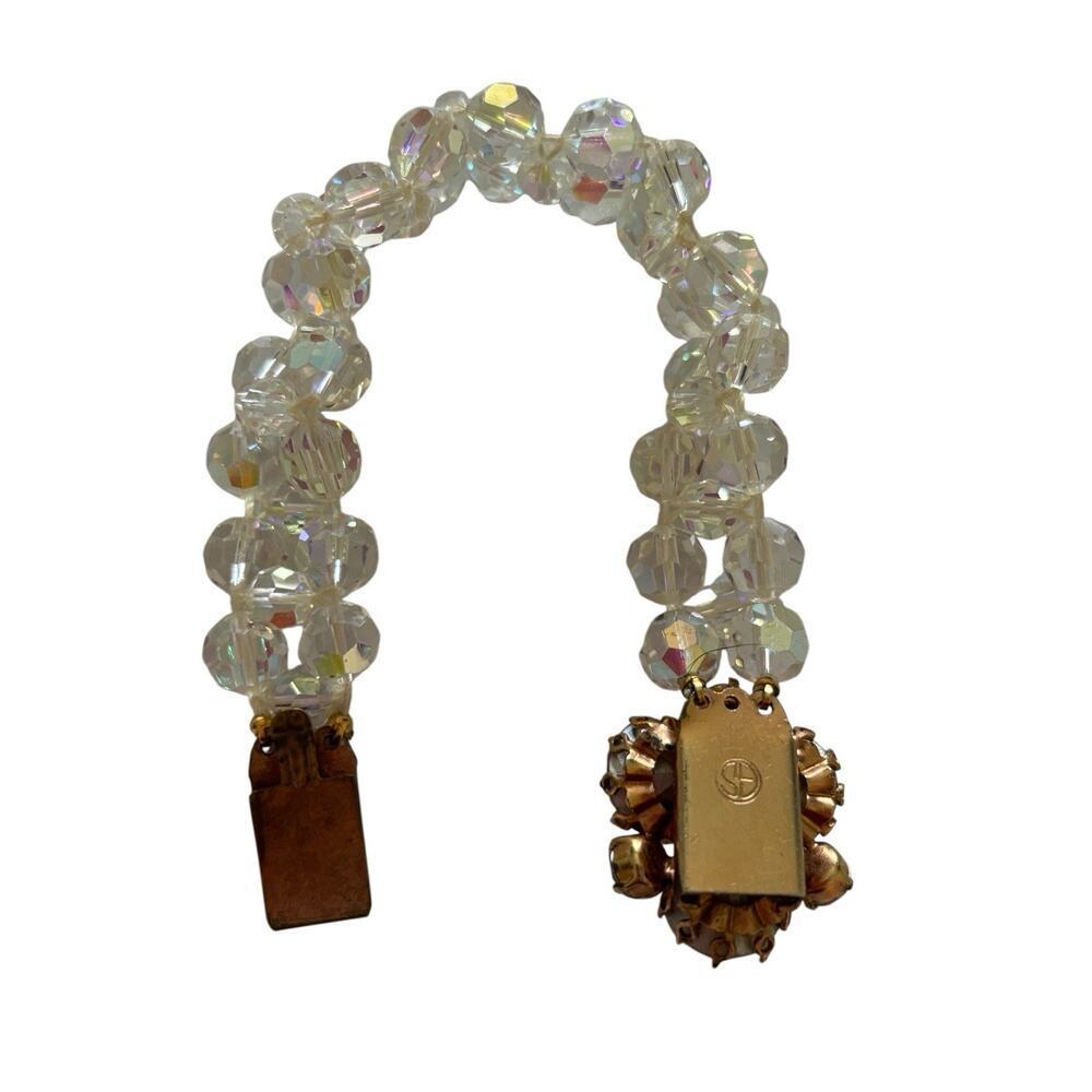 Bracelet Aurora Borealis Facet Crystal Bead Double Strand Rhinestone Closure Vtg - Picture 10 of 12